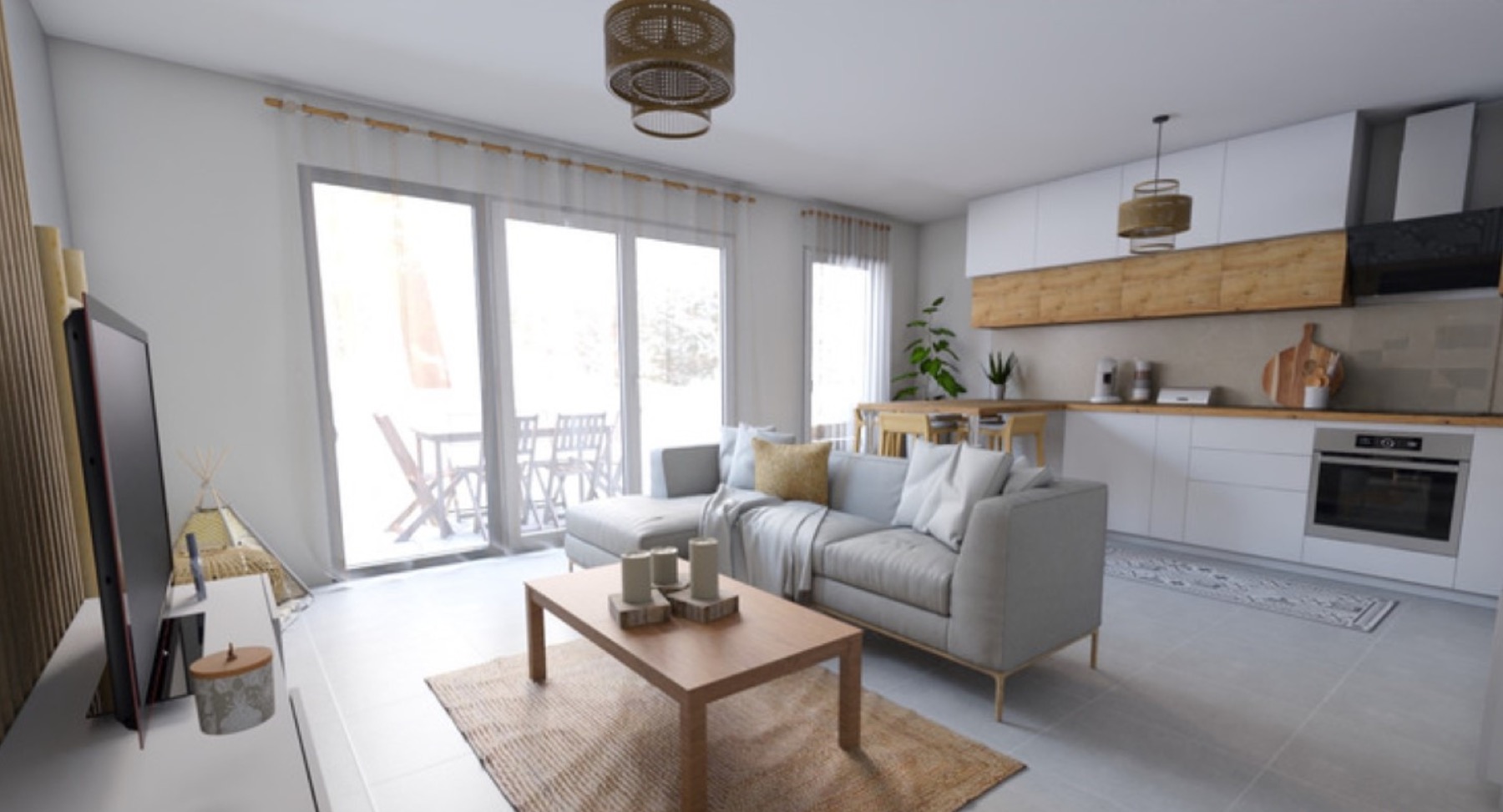 Rendu 3D d’un salon lumineux, bois naturel et textiles clairs